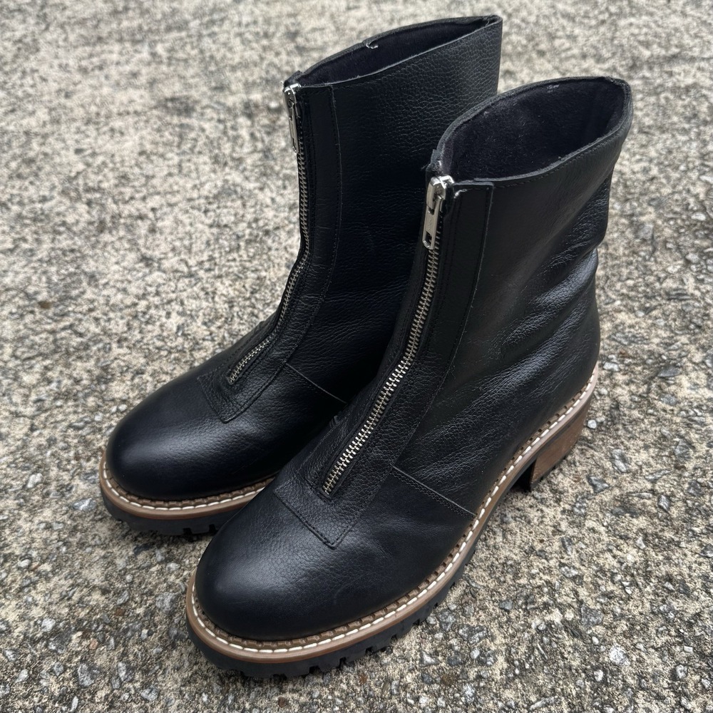 Bertuchi Leather Chunky Lug Sole Zip Front Ankle Boots Black Women's US 9 EU 40